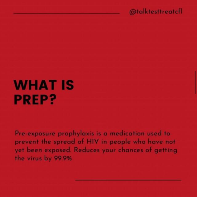 PrEP (pre-exposure prophylaxis) is a once-daily medication to prevent HIV via sex or injection drug use,
BEFORE any potential exposure has happened.

Interested in PrEP? Click the link in our bio to find a list of providers near you.

#freehivtesting #hivtesting #hiv #hivawareness #hivprevention #hivstigma #hivaids #hivtest #testforhiv #centralflorida #orlandoflorida #uequalsu #sexpositivity
#StopHIV #gettested #gettestedtoday #hivpositive #nostigma #Orlando #togetherwecan #togetherwecanmakeadifference #hivprevention #sexualhealth #stophivtogether #sexpositiveculture #talktesttreatcf #talktesttreat