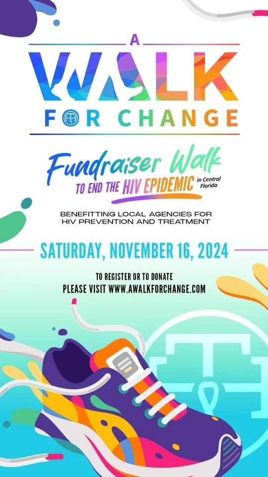 We’re excited to announce the first-ever “Walk For Change” hosted by @talktesttreatcfl in collaboration with @TheCenterOrlando 

This community walk is all about coming together to raise awareness, support, and funds for HIV care in Central Florida. Walk with us as we unite in the fight against HIV and show solidarity for over 15,000 individuals living with HIV in our region.

Saturday, November 16th, 2024 at 8:00 AM - The Lott at @the_beacham , with a closing ceremony at Luminary Green Park.

To Register, Donate or Learn more ➡️ www.awalkforchange.com